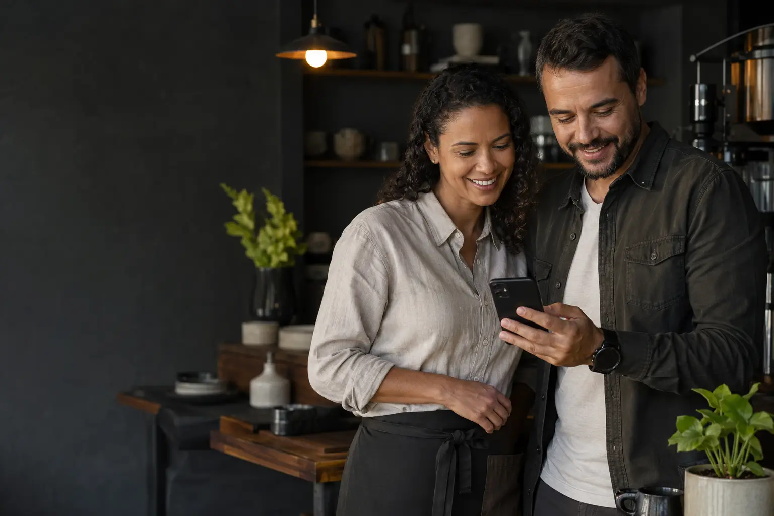Dois profissionais felizes olhando juntos para um celular